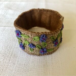 Boho Periwinkle Purple Flowers Embroidered  Bracelet Cuff Pink Green l floral